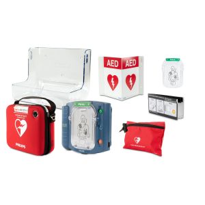 Image showing the products and accessories of the HeartStart OnSite AED Awareness bundle with spare pads 