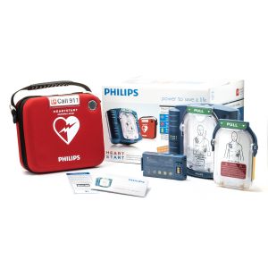 Image showing the products and accessories of the HeartStart Home AED with training pads