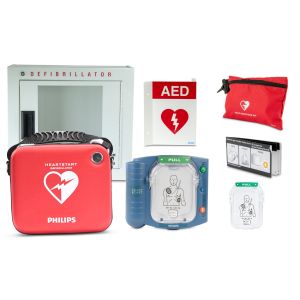 Image showing the products and accessories of the HeartStart OnSite AED public access bundle with spare pads